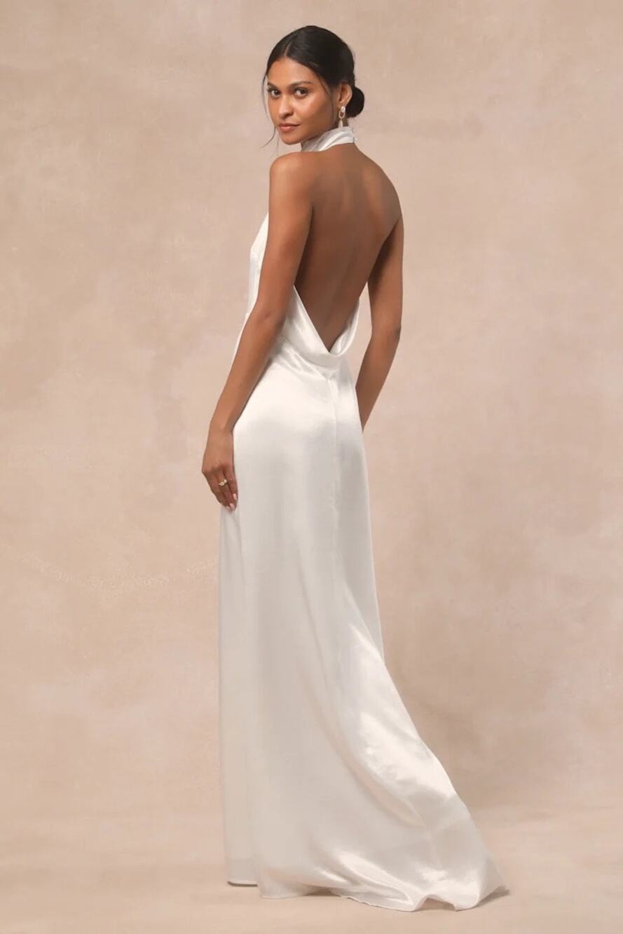 Lulus Meliana White Satin Halter Backless Maxi Dress Size Medium